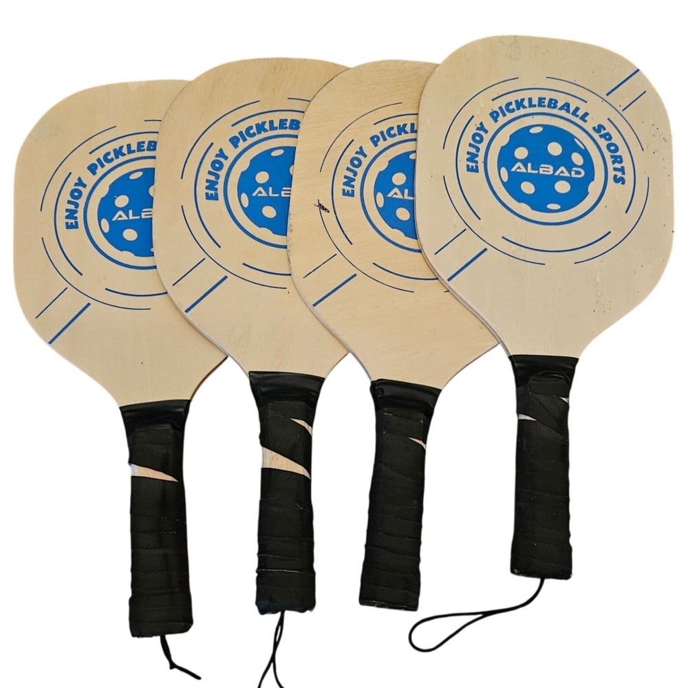 Albad Wooden Pickleball Paddles Set of 4 Blue Graphic Natural Wood Black Grip